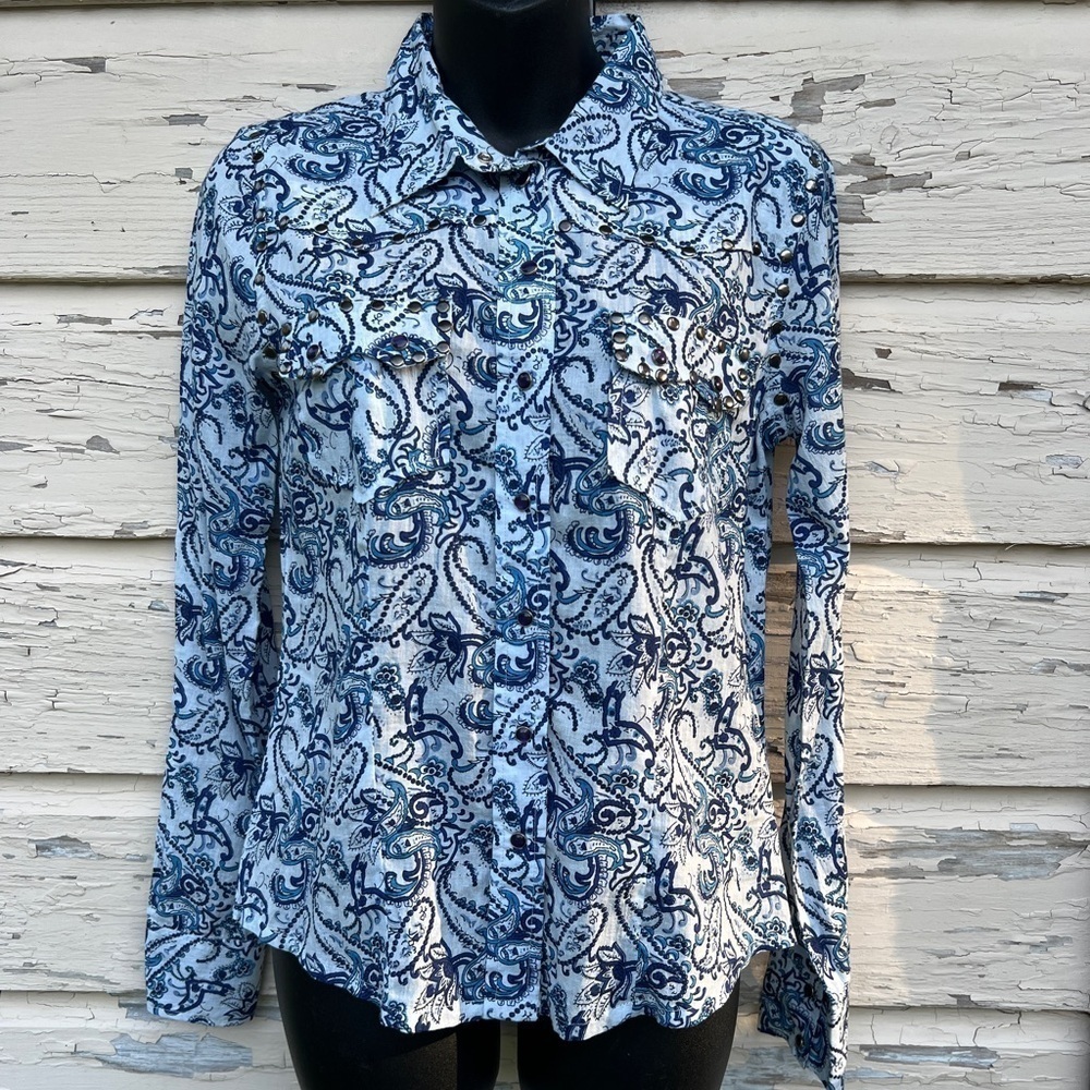 Romeo & Juliet Couture Paisley Pearl Snap Western Rodeo BoHo Blouse Top M NWT
